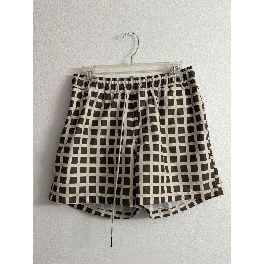 OAS Swim Shorts Mens M Brown Tan Checkered Drawstring Pockets Lined